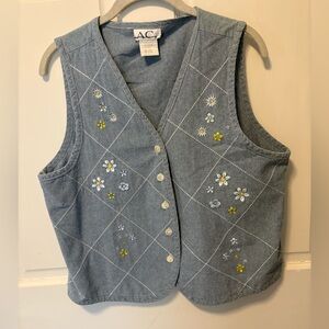 Vintage 90s AC American Collection chambray denim daisy vest women 14 l large
